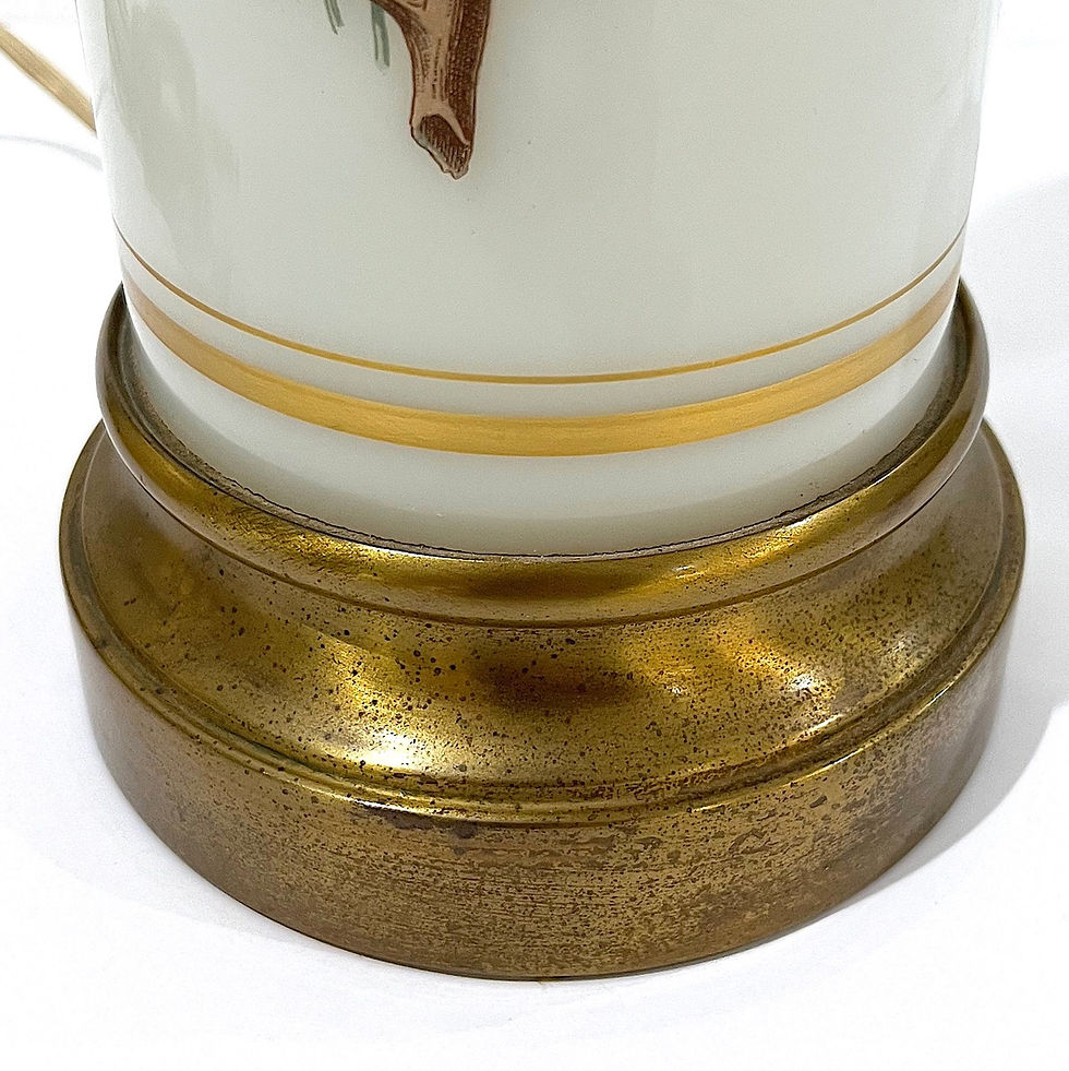 Thumbnail: SOLD: 40's White Opaline Cylinder Lamps Decorated With Lilac Botanicals - a Pair