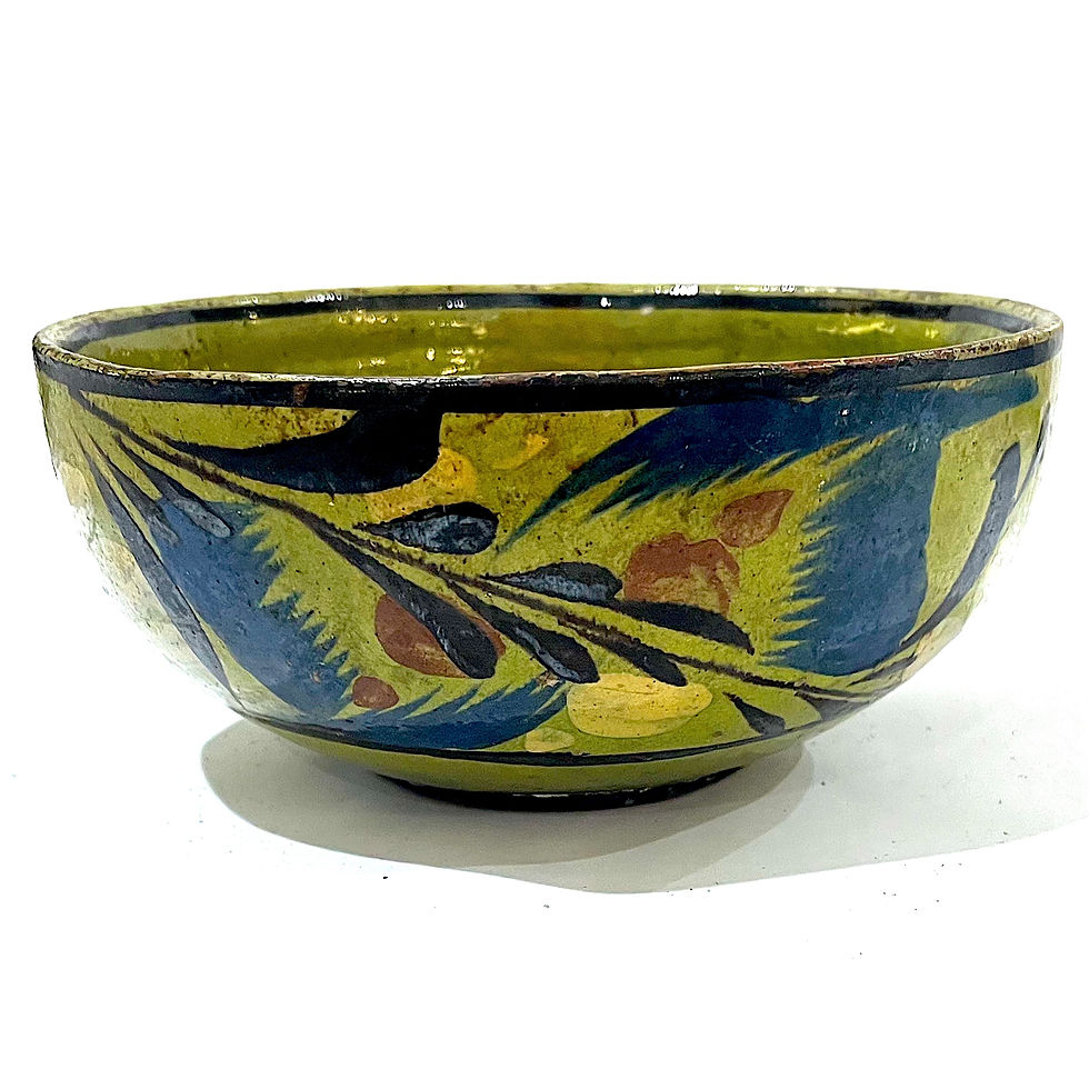 Thumbnail: SOLD; 1930's Mexican Folk Art Green With Daisies Pottery Bowl