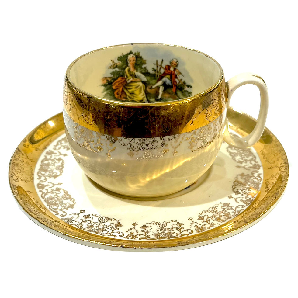 Thumbnail: Mid 20th Century 22 Ct Crest-O-Gold Cups and Saucers by Sabin - 6 Sets - 12 Pcs