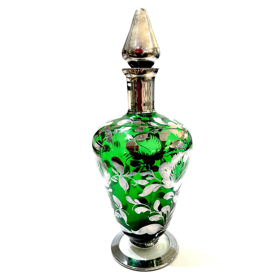 Thumbnail: SOLD: Decanter Pair - Bohemian Green Glass With Sterling Silver Overlay