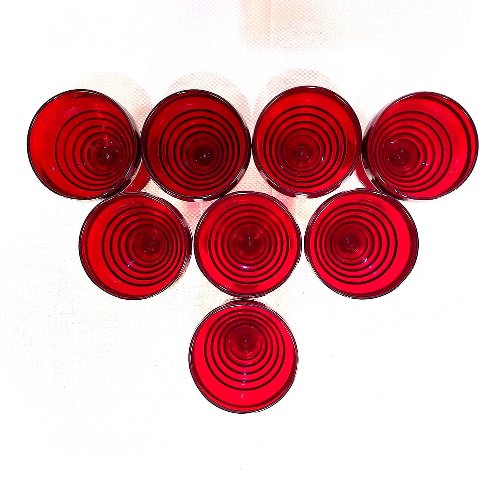 Thumbnail: Ruby Red Depression Glass Paden City Wine Glasses - Set of 8 - View 7
