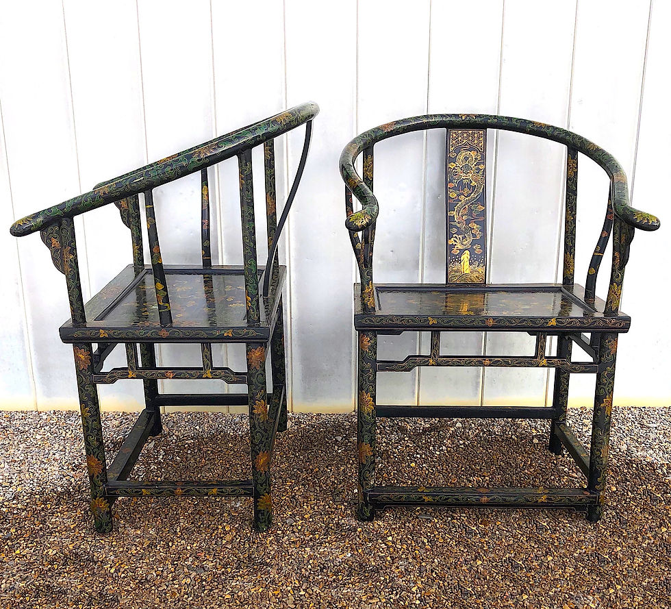 Thumbnail: SOLD: 19th Century Chinese Horseshoe Back Chairs - Lacquered & Decorated - Pair