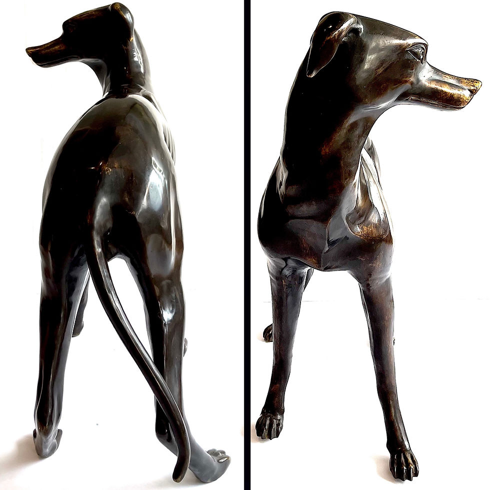 Thumbnail: Head/Tail View Mid 20th Century Italian Bronze Whippet/Greyhound Statue Female - One of a Pair