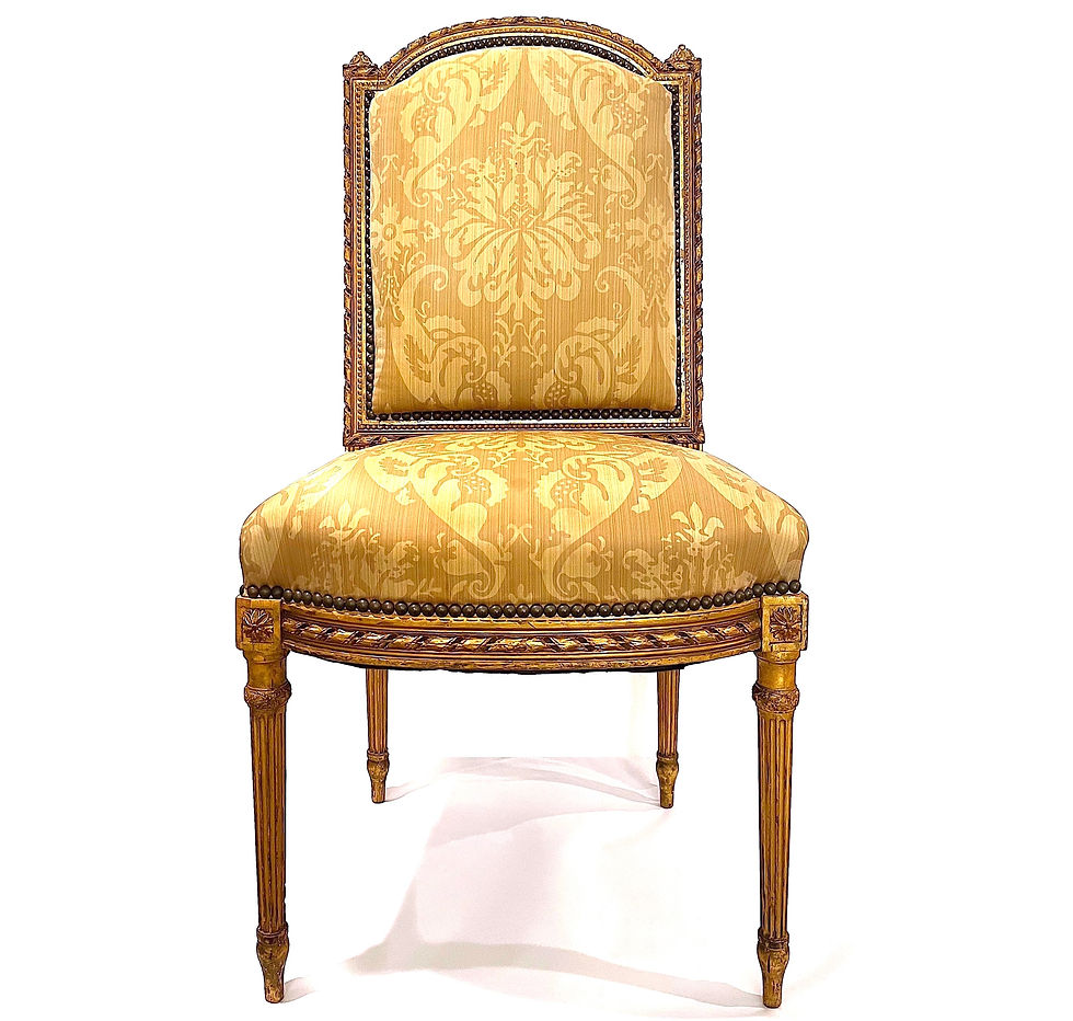 Thumbnail: SOLD: Louis XVI Desk Chair - Carved Gilt Frame - Fortuny Inspired Upholstery