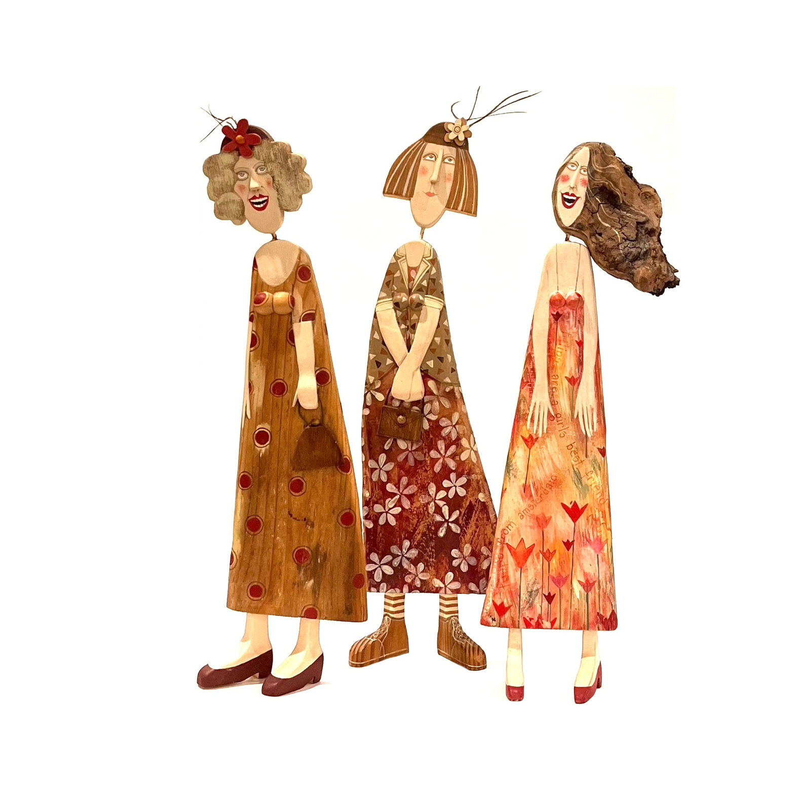 Trio of Lady Folk Art Figures - Hand Painted Found Driftwood by Lynn Muir U.K.