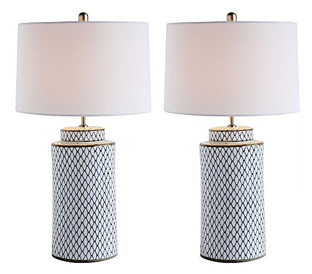 Thumbnail: SOLD: Indigo Net Porcelain Canister Lamps - Pair