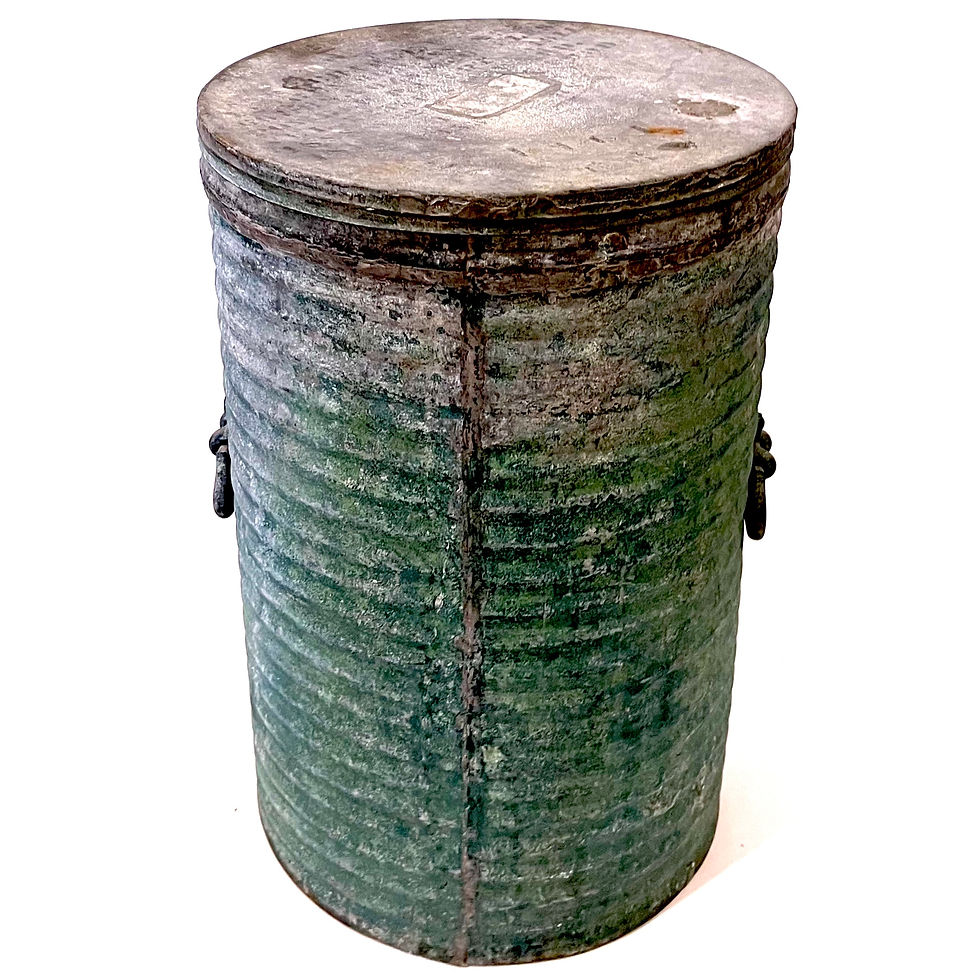 Thumbnail: Antique Verdigris Patinated Metal Industrial Storage Canister or Accent Table