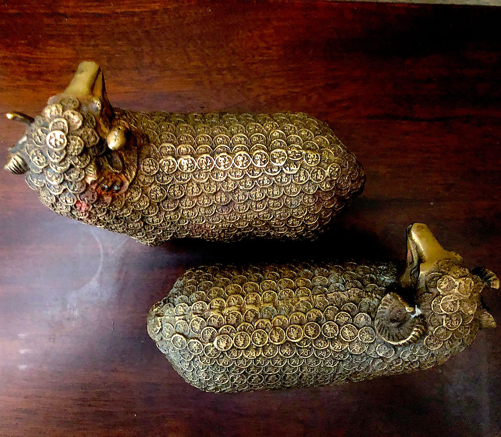 Thumbnail: SOLD: Antique Chinese Yuanbao Bronze Zodiac Goat Wealth Statue - Pair