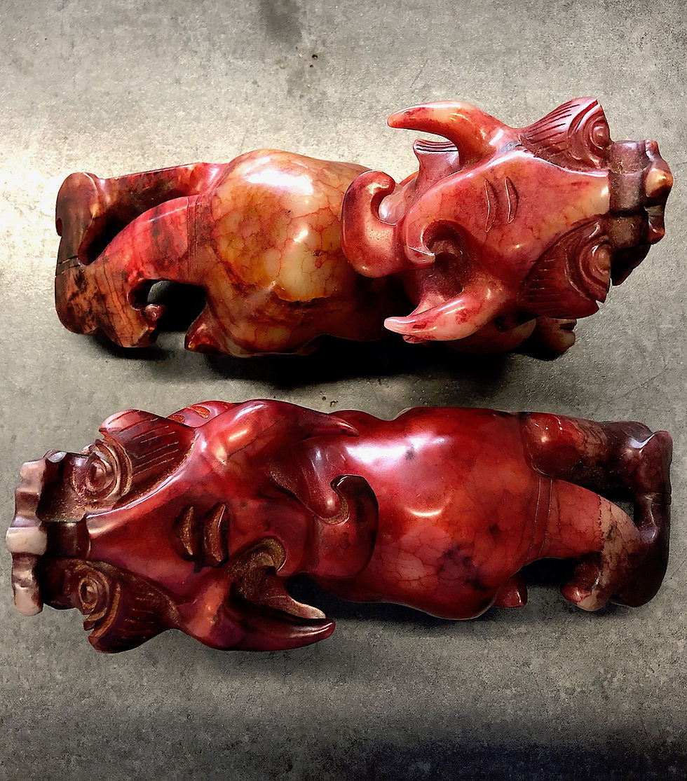 Thumbnail: SOLD: Large Antique Chinese "Blood" Jade Dragons - PAIR