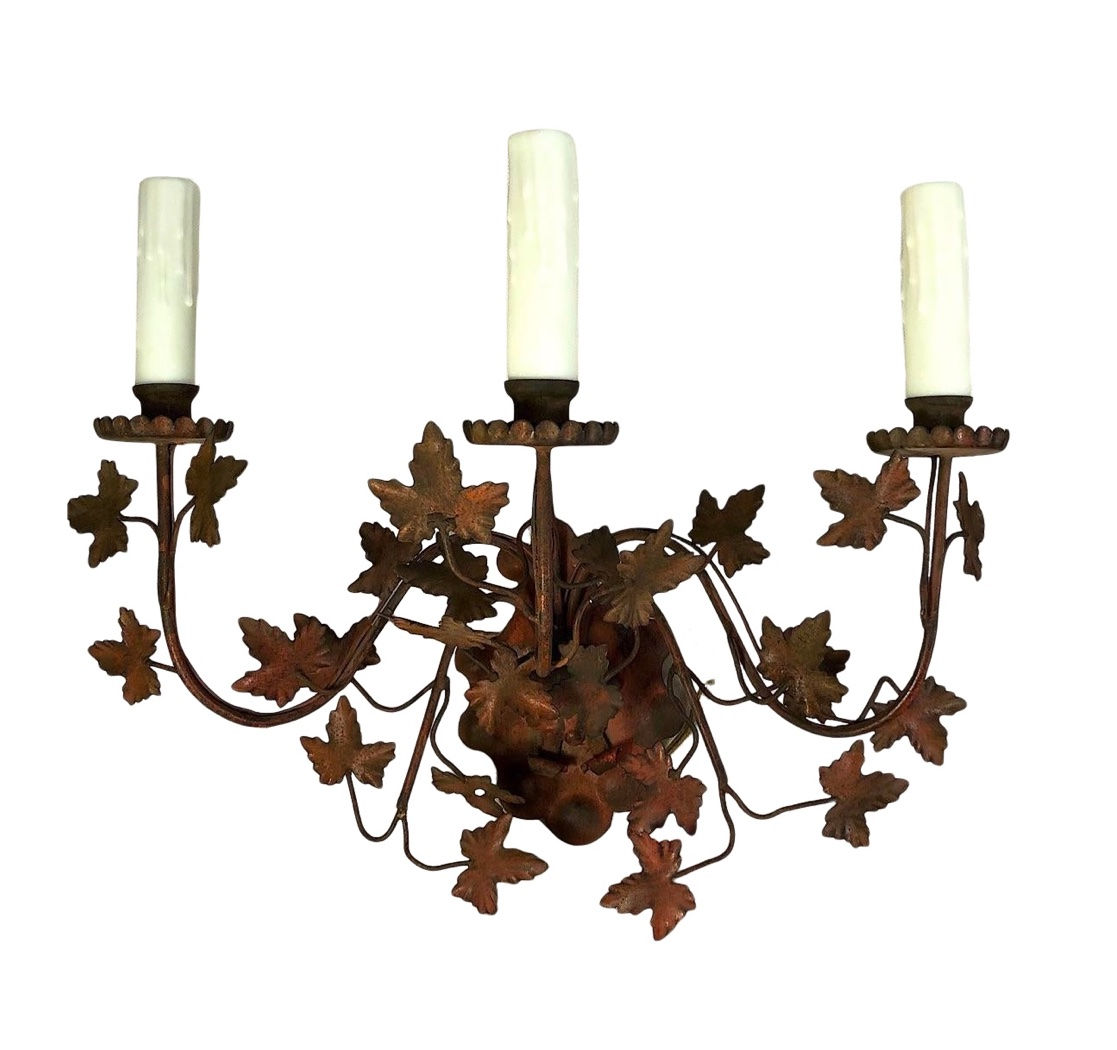SOLD: Vintage Italian Tole Ivy 3 Arm Sconces - Pair