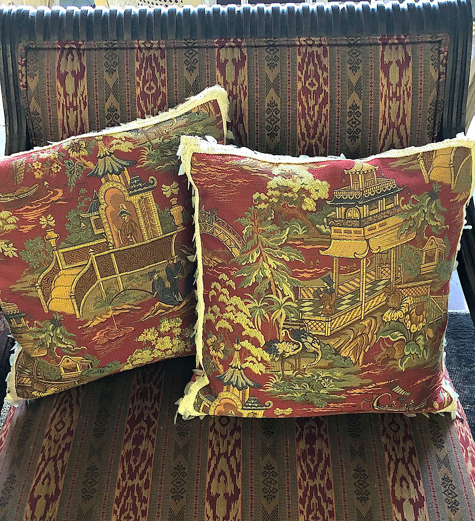 SOLD: Chinoiserie Brocade Pillows - Jade Embellished Trim - Dransfield & Ross NY
