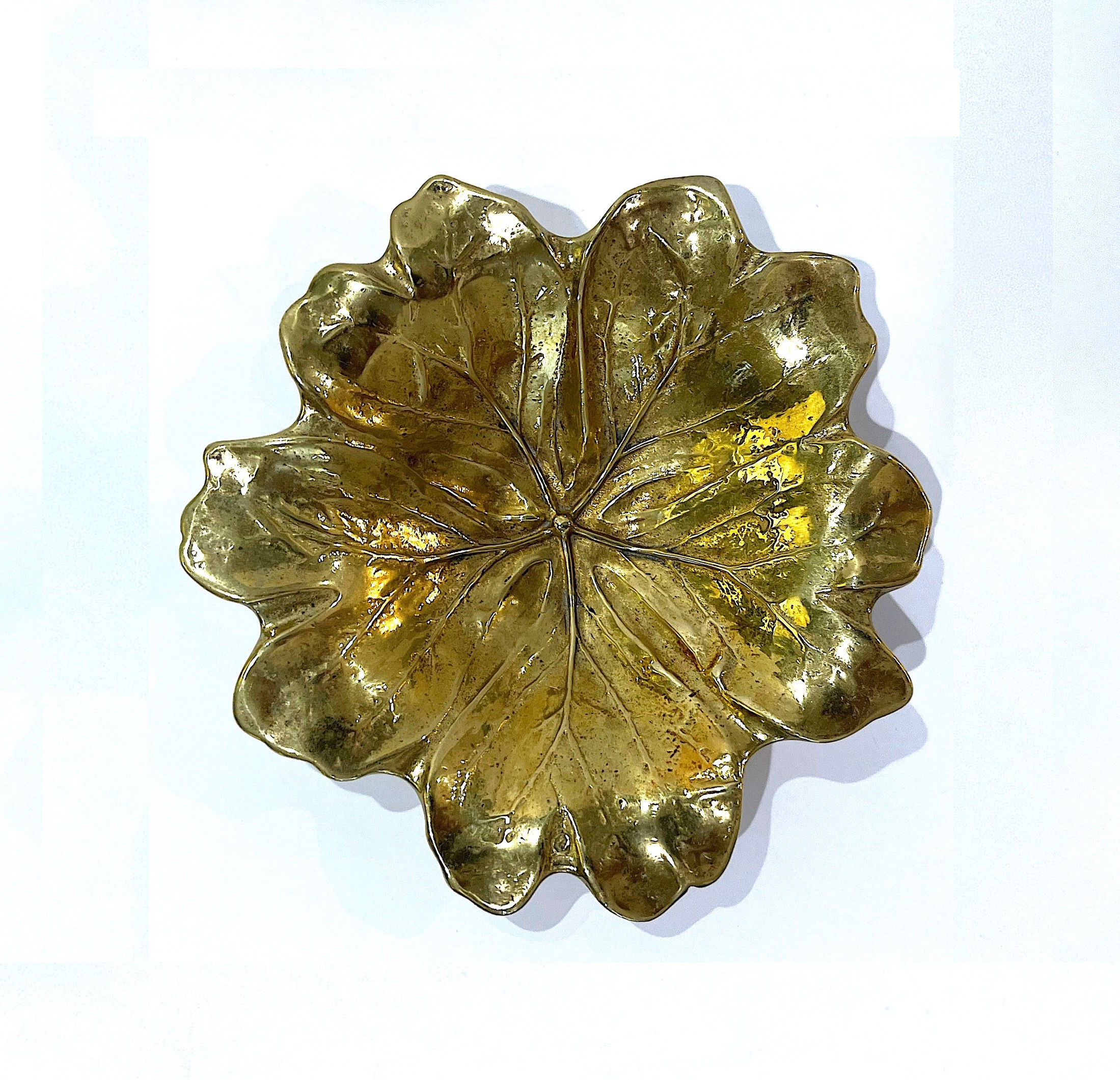 SOLD: Hand -Cast Brass May Apple Leaf Dish - Virginia Metal Crafters 1948