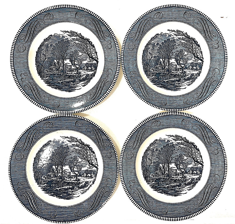 Thumbnail: SOLD: 1950s Blue Transfer-Ware Currier & Ives - Set of 12 Dinner Plates