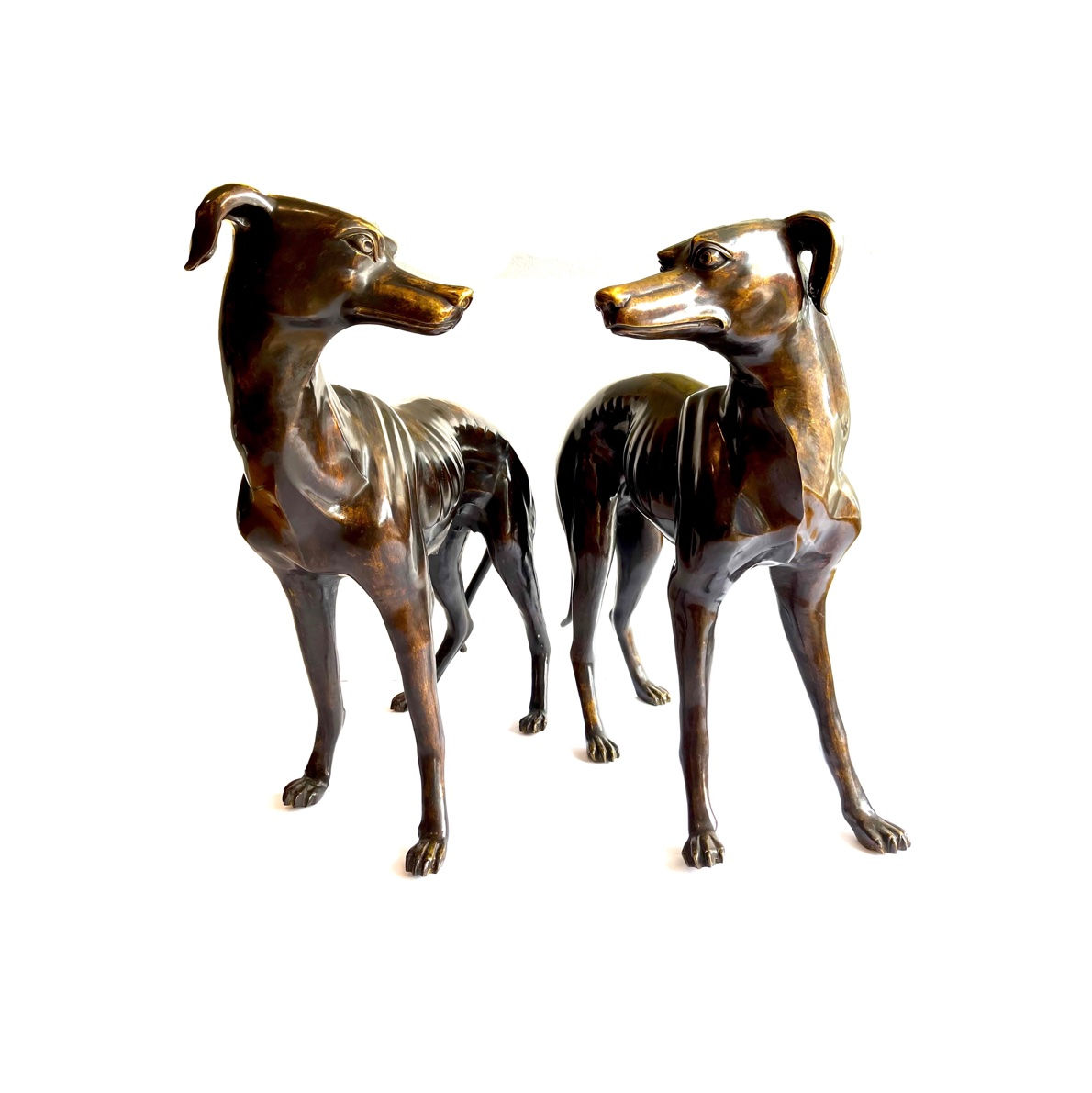 Life-size Mid 20th Century Italian Bronze Whippet/Greyhound Statues - Pair