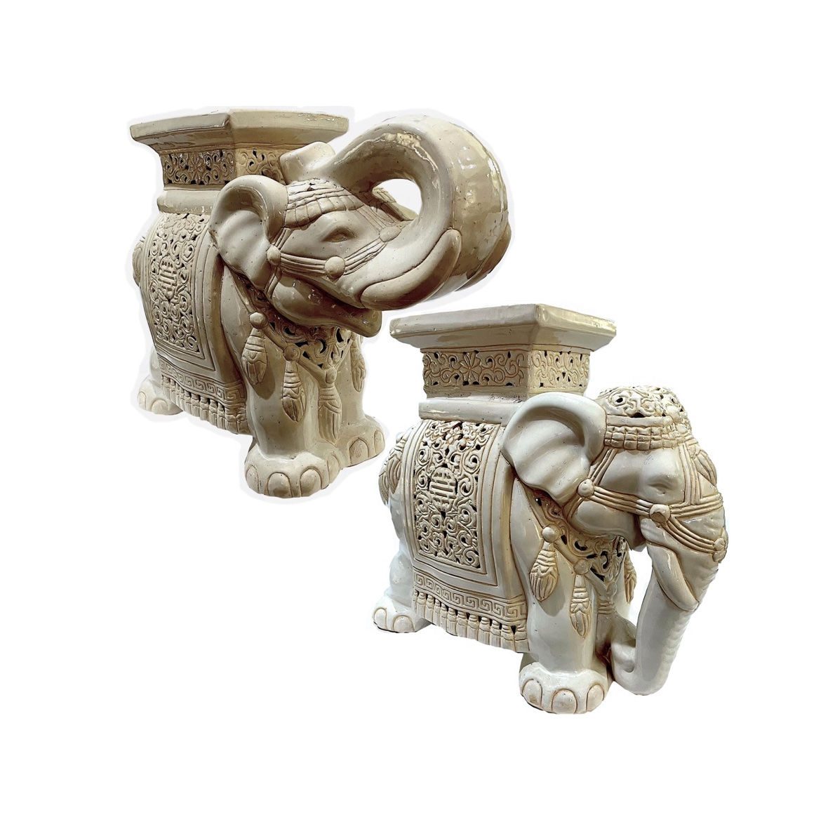 1960s Vintage Chinoiserie White Elephant Ceramic Garden Stools - a Pair