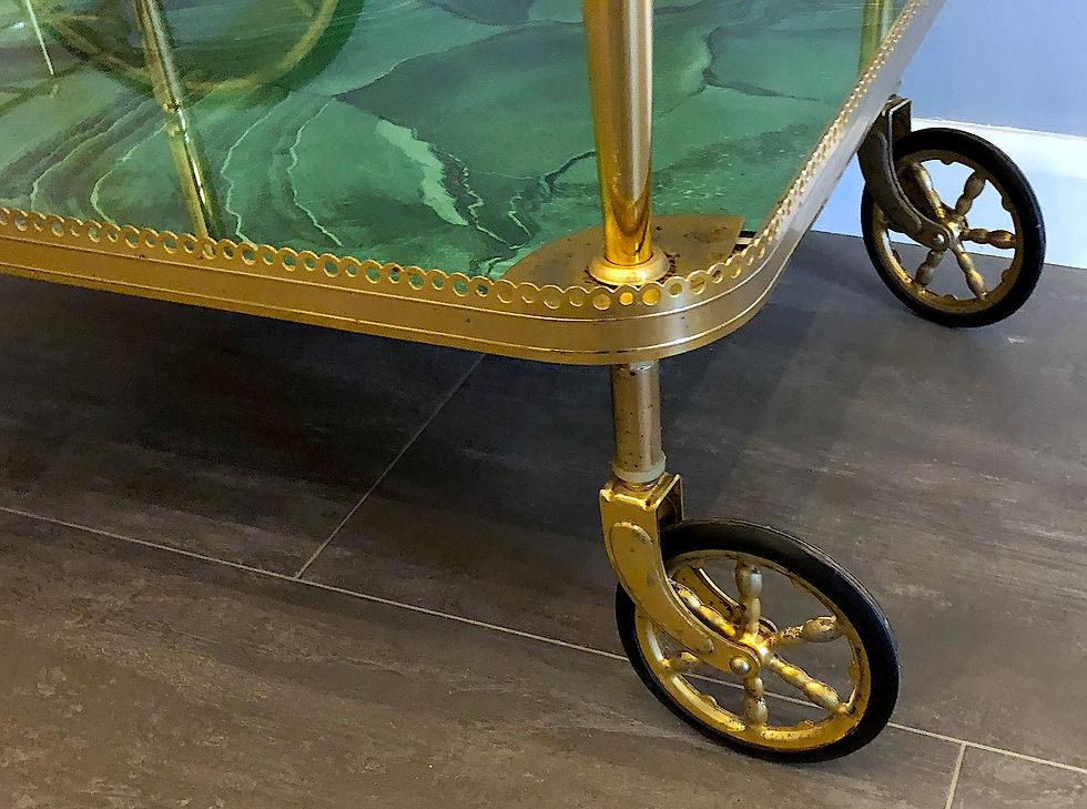 Thumbnail: SOLD: Mid-Century French Brass & Faux Malachite Bar Cart