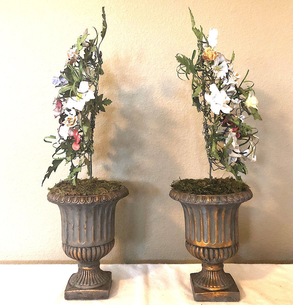 Thumbnail: SOLD: Vintage French Tole & Porcelain Flower Topiaries in Urns- Pair