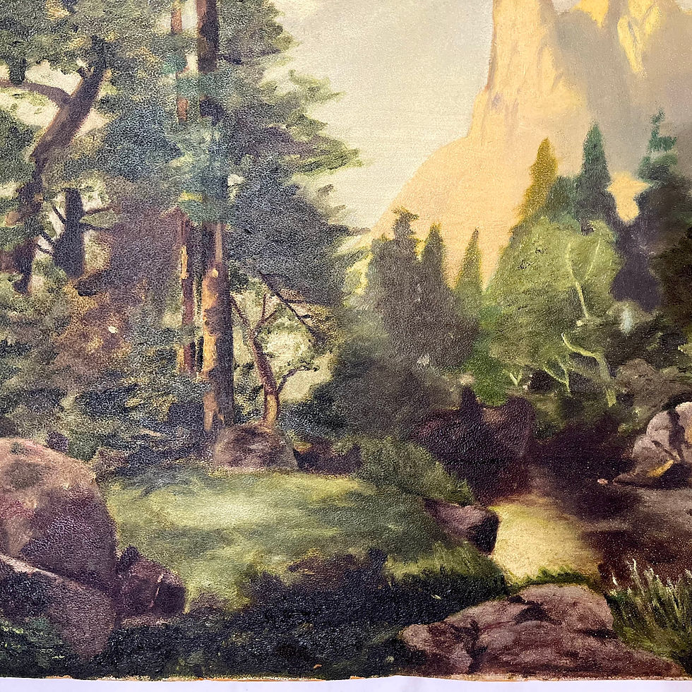 Thumbnail: Sentinel Rock Through Pines Yosemite Oil on Board - After Thomas Moran 1915