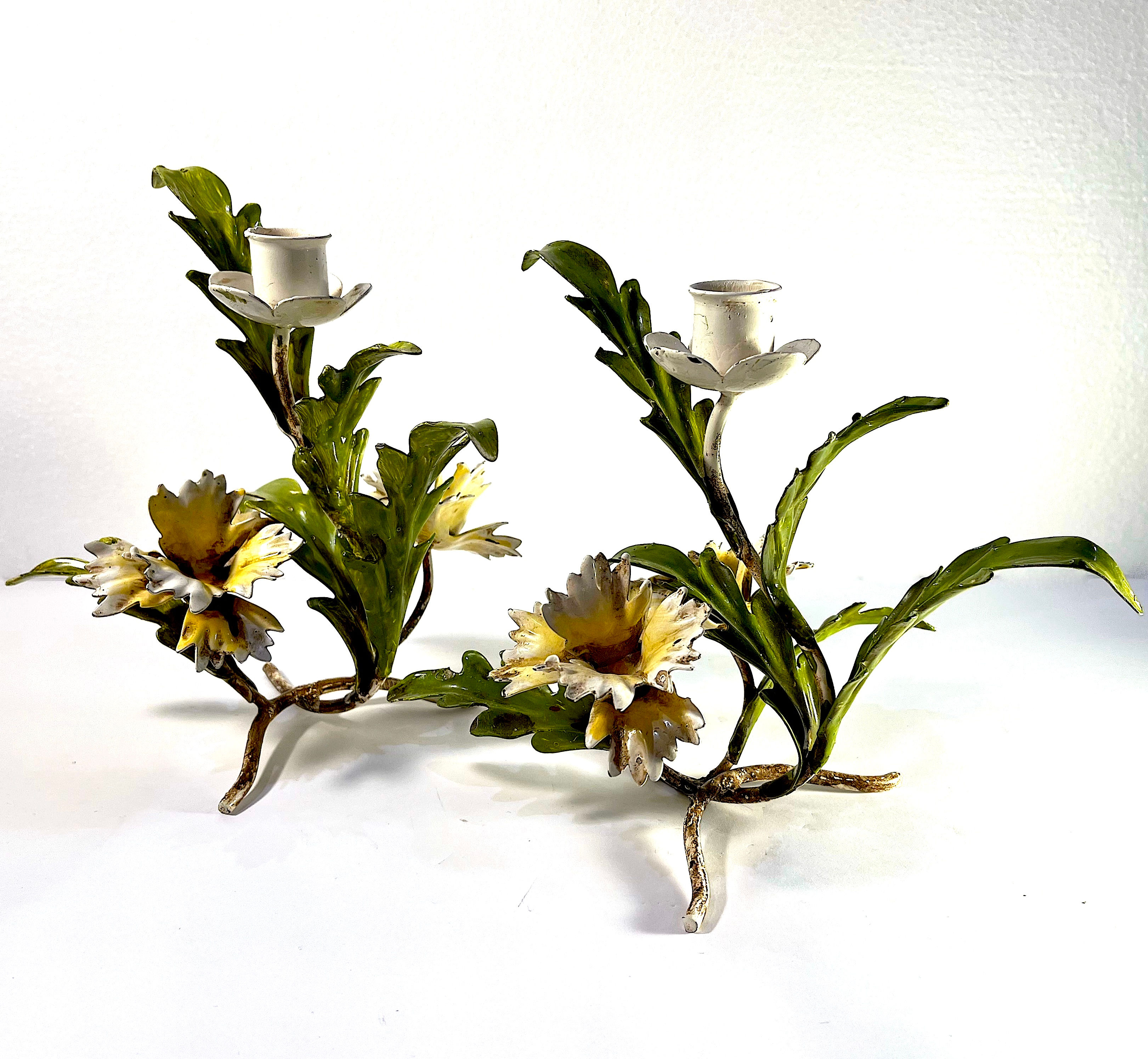 SOLD: 1960's Italian Tole Carnation Candle Sticks - Pair