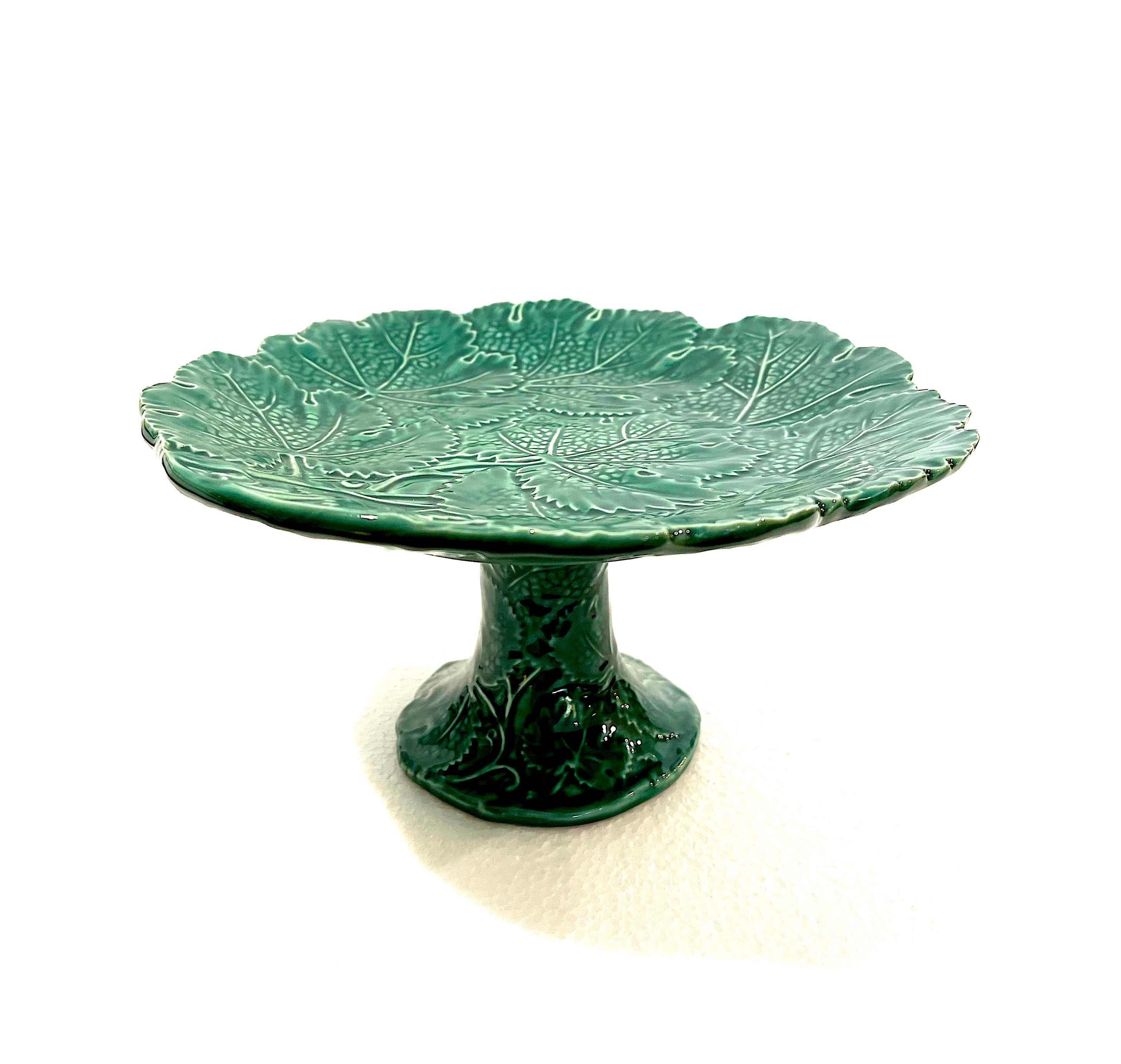 SOLD: Vintage Italian Majolica Green Leaves Cake Stand Compote Centerpiece