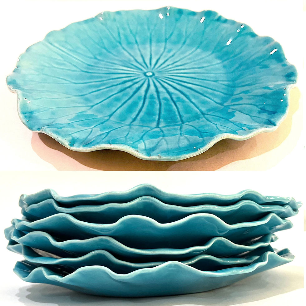 Thumbnail: 1940's Newell Stevens Handmade Turquoise Lotus Leaf Salad Plates - Set Six