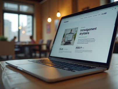 Eye-level view of a modern Kansas City storefront with a clear, inviting website displayed on a laptop