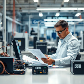 Electrical engineer testing electronic products for CE compliance in a modern manufacturing workspace