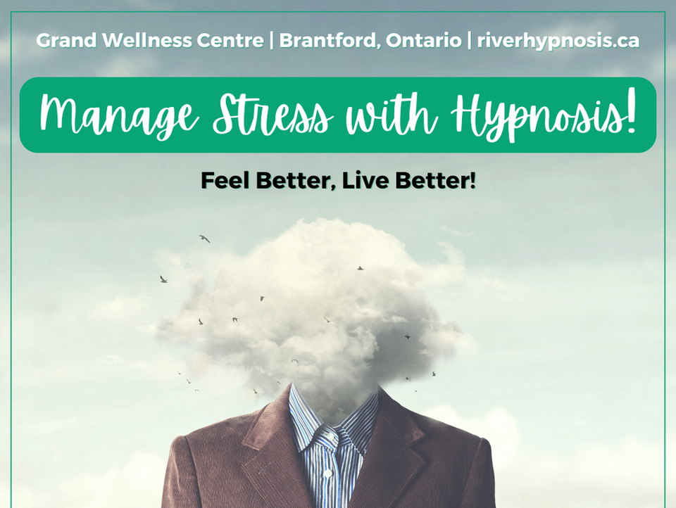 Manage Stress with Hypnosis digital design, content creation for River Hypnosis, Brantford, Ontario.