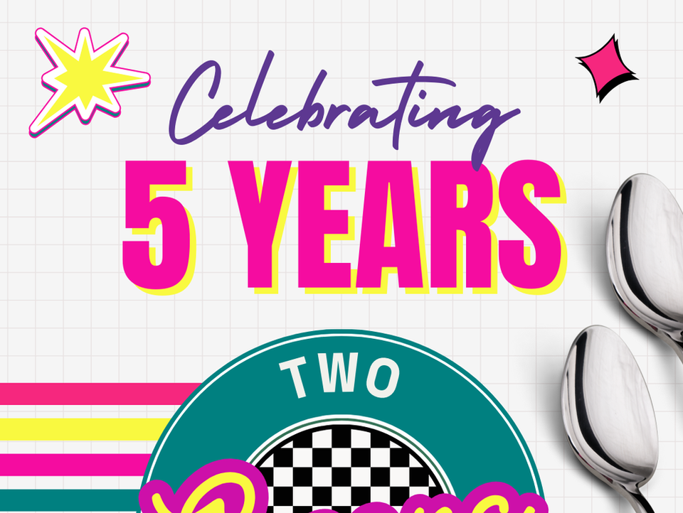 Digital design and Tshirts for local business Two Spoons Catering celebrating 5 amazing years.