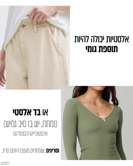 אלסטיות יכולה להיות תוספת גומי או בד אלסטי (נמתח, יש בו סיב גמיש)
