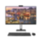 Ordenador todo en uno con teclado y ratón; imagen de fondo de ciudad.