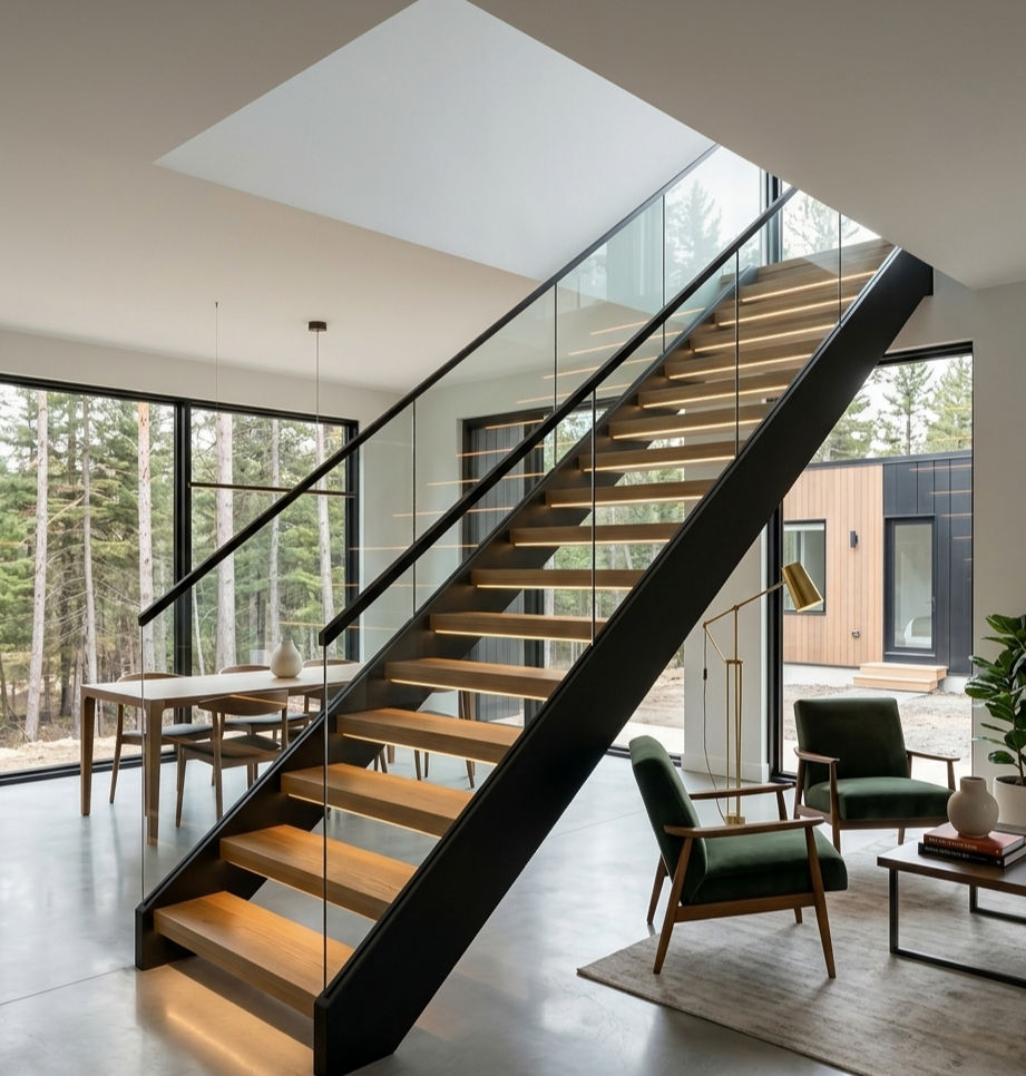 Vue de côté d’un escalier en métal avec éclairage LED intégré sous les marches