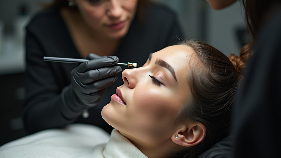 Close-up view of a microblading artist working on a client's eyebrows