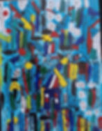 Peinture abstraite colorée aux formes géométriques et silhouettes.