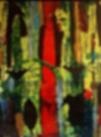 Peinture abstraite aux formes géométriques rouges et vertes.