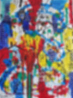 Peinture abstraite colorée avec des formes géométriques.