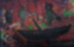 Peinture abstraite de deux personnages dans une barque noire.