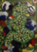 Peinture abstraite avec silhouette verte et croix blanches
