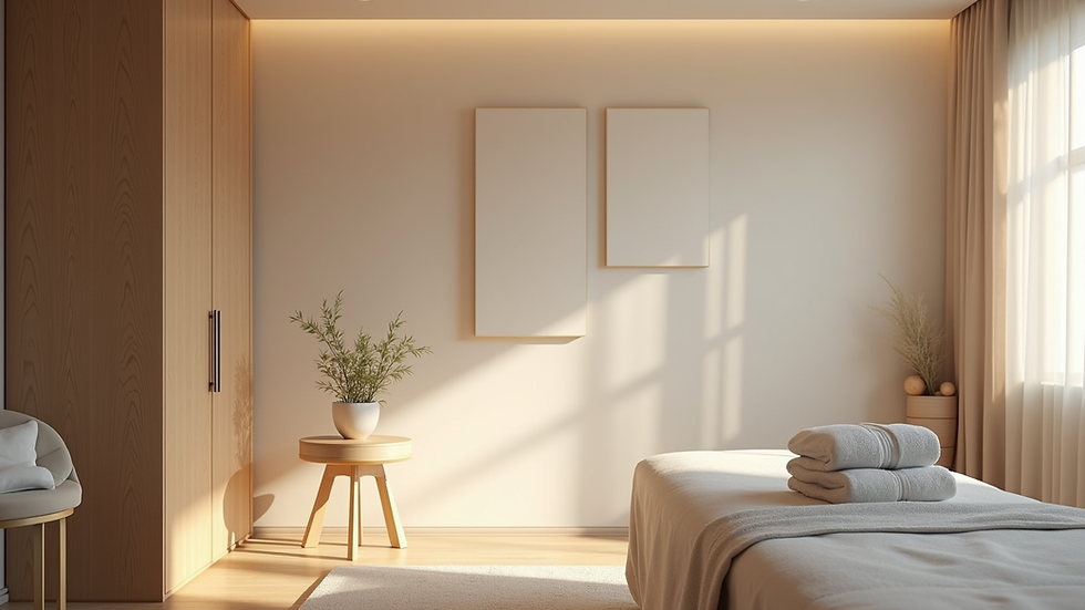 Eye-level view of a calm therapy room with soft lighting