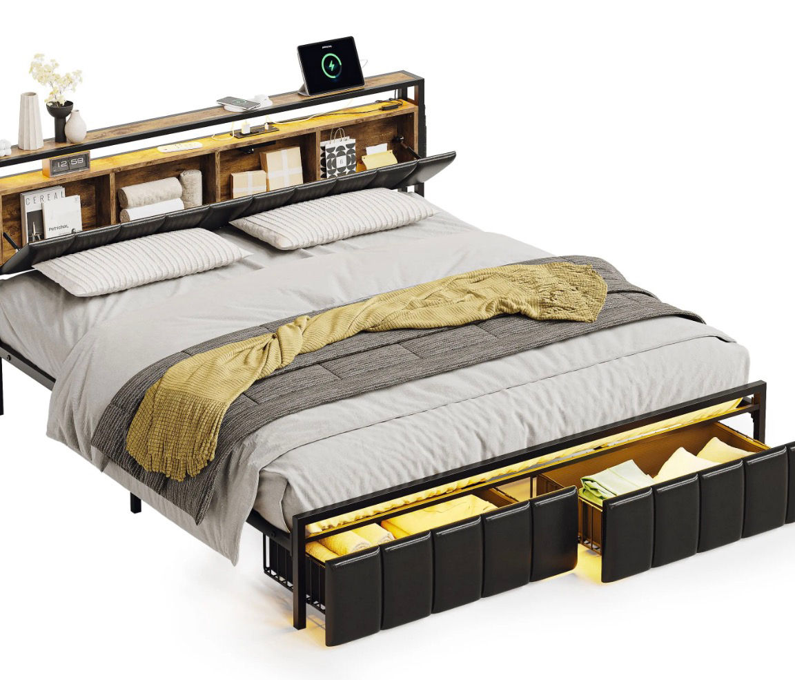 Bestier Black PU Leather Platform King Bed Frame with Hidden Storage Headboard