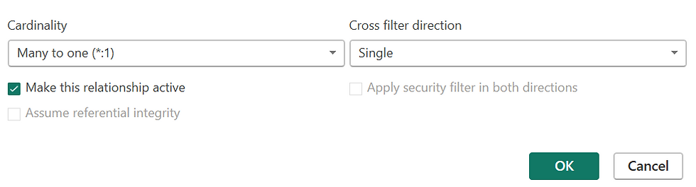Power Bi cardinality data model Cross Filter single