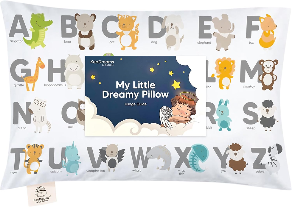 Alphabet animal pillow cover with A-Z creatures and a My Little Dreamy Pillow usage guide centered on top.