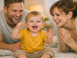 Baby smiling with expressive eyes while reacting to a parent, warm natural light, early personality emerging.