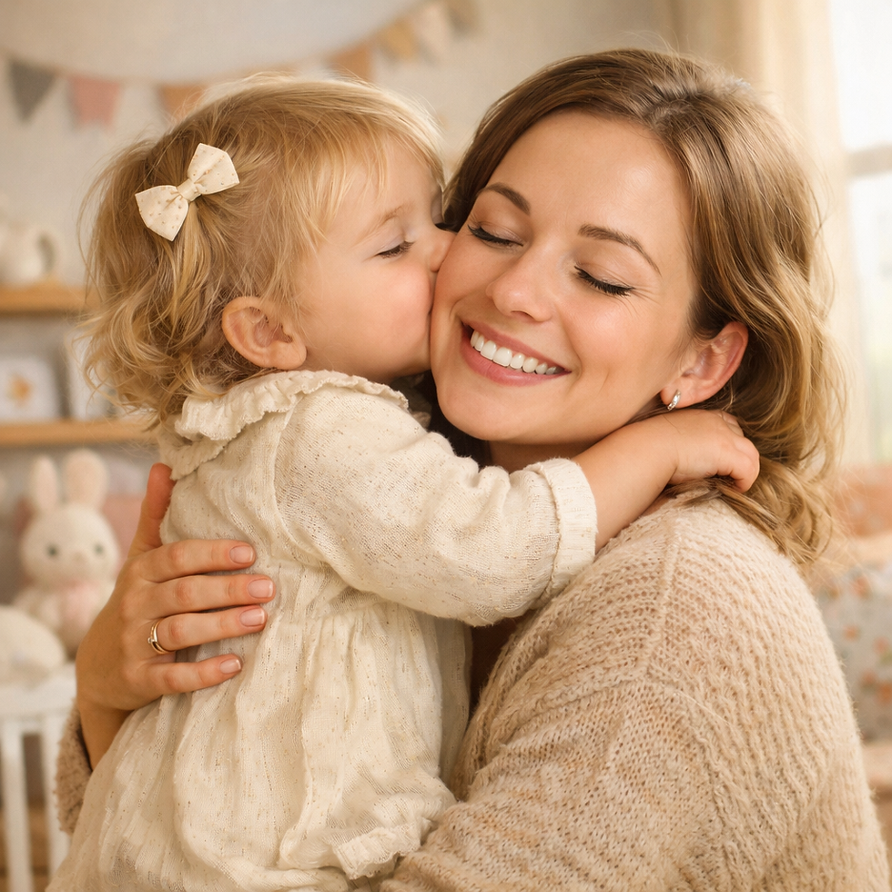 Toddler kisses smiling mother in a pastel nursery; both in cream knit clothes, cozy and loving.