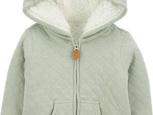 Pale green quilted baby hoodie jacket with bear ears, fleece lining, zipper and pockets, shown on a white background.