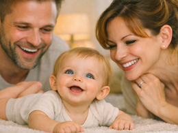 Baby looking up with recognition at a parent’s face, warm natural light, early awareness milestone.