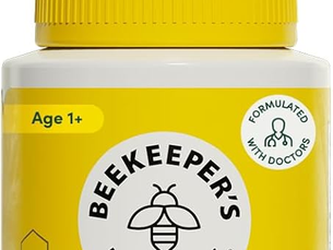 Yellow Beekeeper’s Naturals Kids Propolis Immune Support throat spray bottle with clear cap and honeycomb graphics on white background