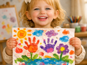 Smiling toddler girl holds a colorful handprint flower painting in a cozy art room, with paints and pencils blurred behind her.