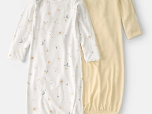 Three long-sleeve baby sleep gowns in pink, white, and mint with butterfly and floral prints; Simple Joys label visible.