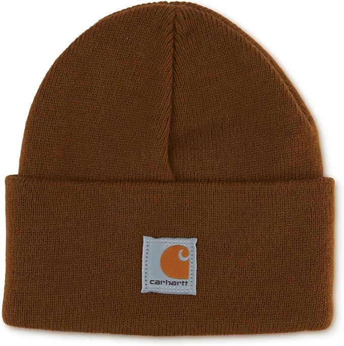 Brown Carhartt knit beanie with logo patch on a white background